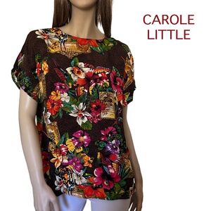 Carole Little 100% Rayon Top Blouse Havana Cuba Graphic Tropical Print Vintage